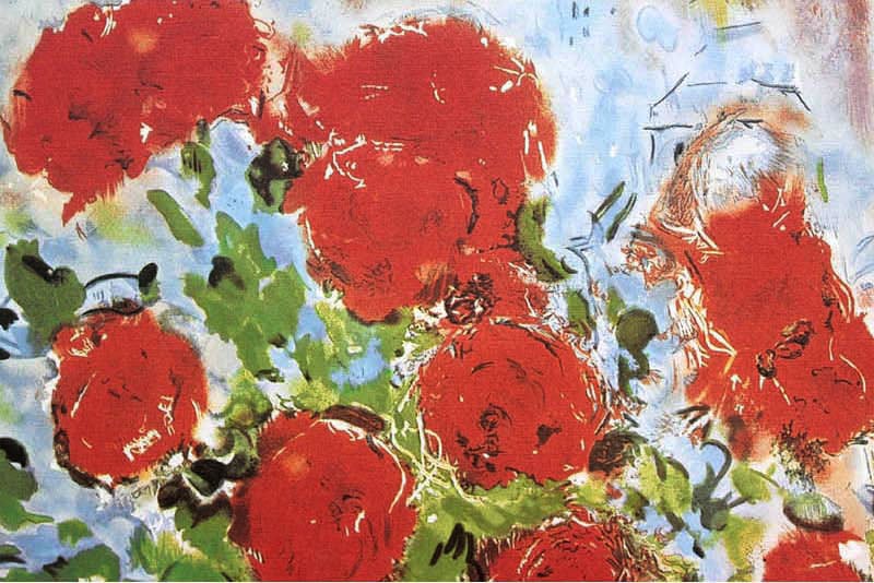 マルク・シャガール作品「赤い薔薇と恋人たち」作品証明書・展示用フック・限定500部エディション付複製画リトグラ
