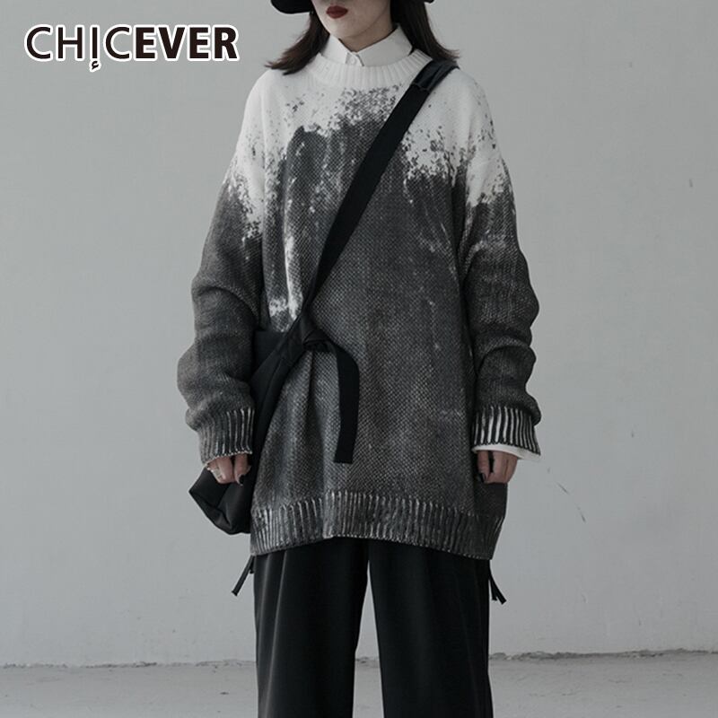CHICEVERヴィンテージヒットカラーニットセーター女性Oネック長袖オーバーサイズルーズプルオーバーセーター服2020春 ロング スプリング 春物 ビンテージ 6base523889447517