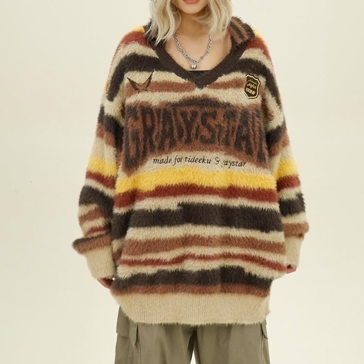 Vネック プルオーバー ボーダー柄 ニット ◆2col L00349