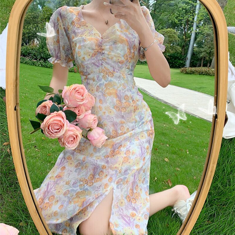 サマーVネックドレス スタンダードフローラルウェスト薄手Aラインスカート レトロ 夏物 花柄 ガールズファッション49613413202