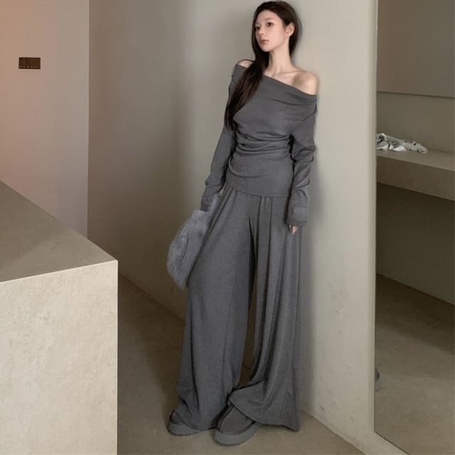 【予約販売】セットアップ レディース ブラック グレー ベージュ ワイドパンツ オフショルダー 無地 美ライン 体型カバー こなれ感 大人可愛い 楽ちん 旅行 韓国 冬 秋 トレンド フリー