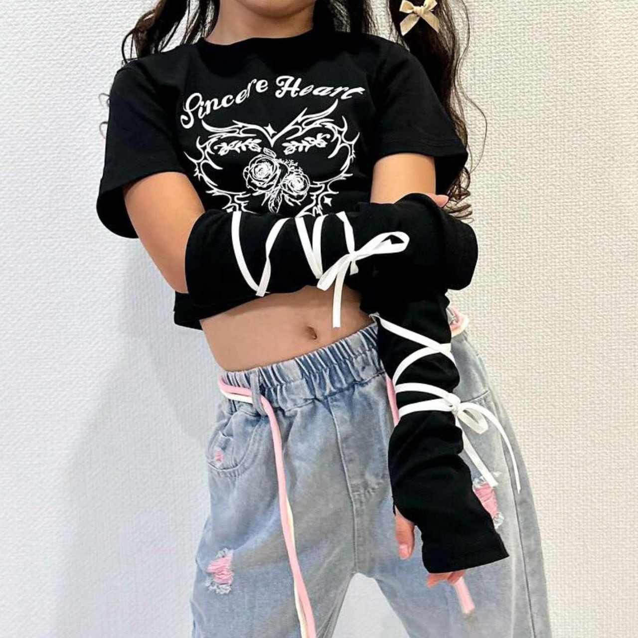 110-170】アームリボントップス かわいい ダンス服 パステル リボン