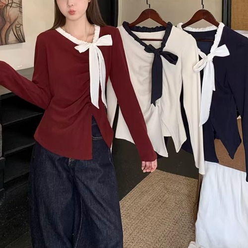 3色／配色リボンサイドスリットトップス ・74741