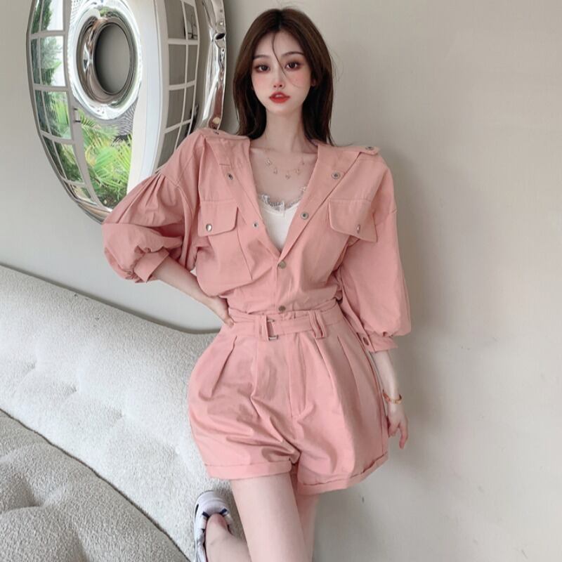 オータムシャツ ハイウェストショーツ ロング 大人ガーリー スウィート キュート カジュアル 秋物 ブルマー ハンチェンe23213336664