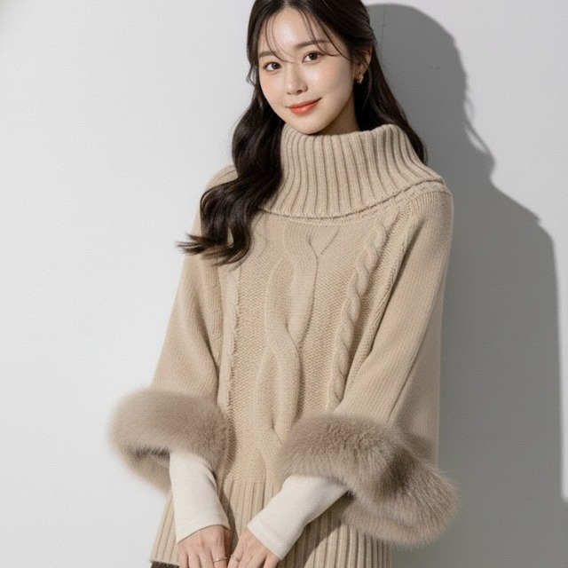 Chunky Cable Knit Faux Fur Cuff sweater　ch0308