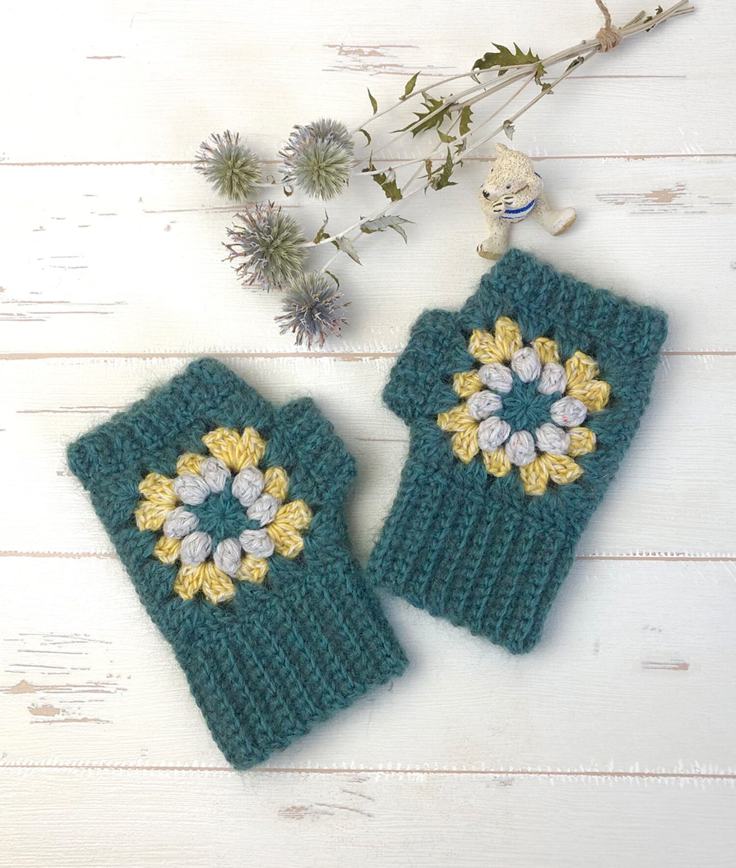 かぎ針モチーフ編みハーフミトン(グリーン)