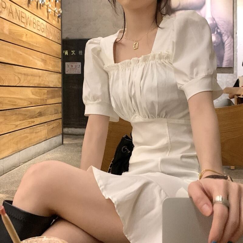 ドレス カラーホワイトショートスリーブスカート サマーウェスト 夏物 スクウェア ブラックストロベリース90487193225