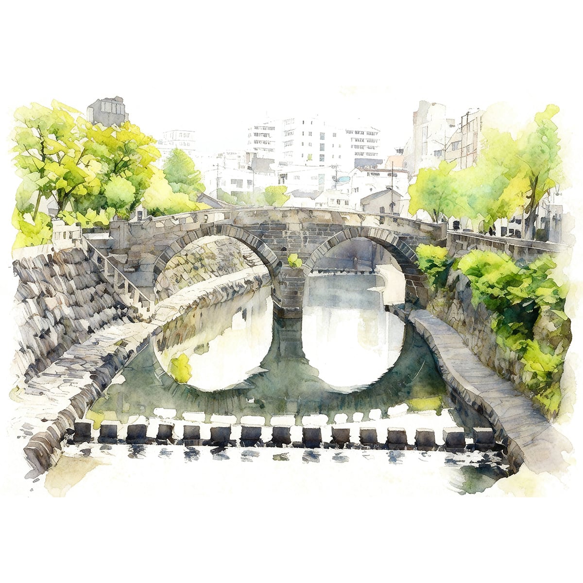 絵画 風景画 日本 長崎県 中島川にかかる眼鏡橋 インテリアアート額付き 水彩画風 WAT1758