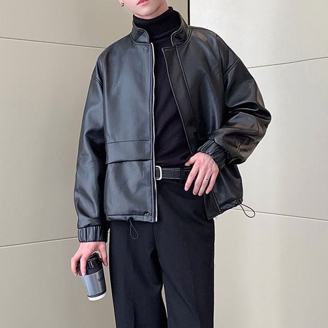 【予約販売】レザージャケット メンズ ショート丈 アウター 革ジャン 黒 ブラック カジュアル シック ベーシック 男前 こなれ感 お洒落 韓国 トレンド 春 秋 冬 M/L/XL/2XL