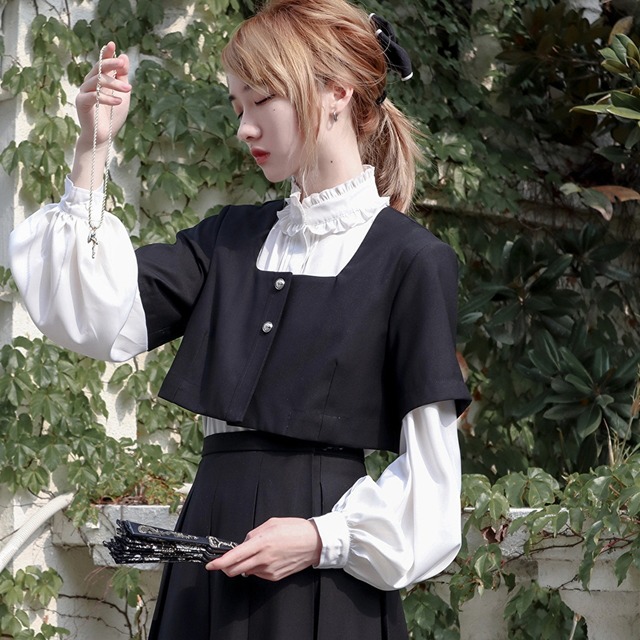ゴスロリ通販 With U 半袖 ジャケット ショート丈 スクエアデコルテ レトロ ゴスロリ 病み可愛い JK 病み系 原宿系 ストリート系 ゴスロリ服 病み服