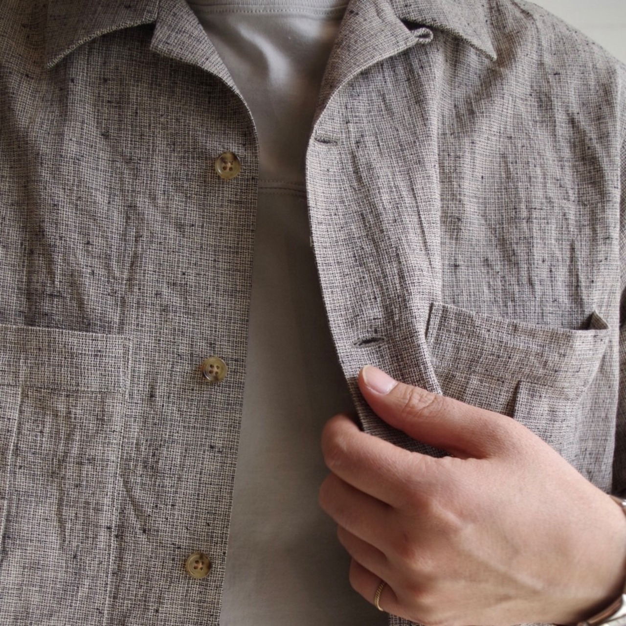comm.arch.  Nepped Check Open Collar Shirt