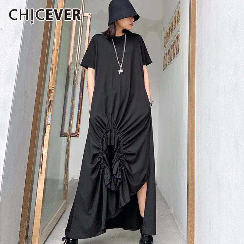 CHICEVER不規則な巾着シャーリングドレス女性Oネック半袖ルーズプラスサイズのドレス2020夏 ショート ハーフスリーブ 大きめサイズ サマー 夏物 6base587534727744