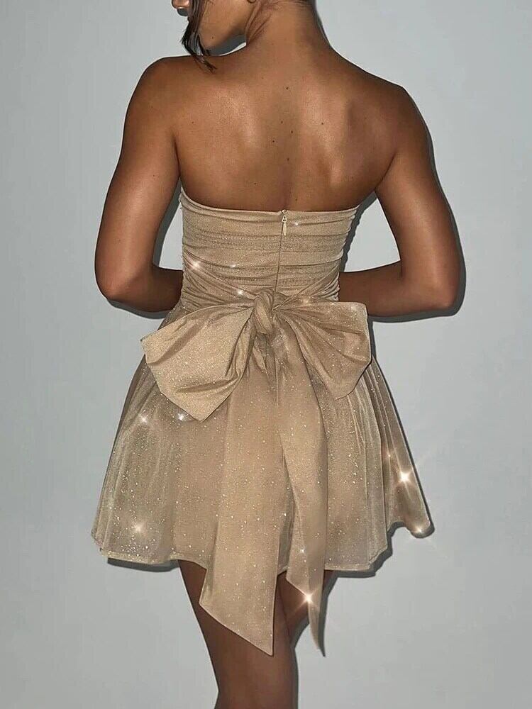 【新作】【送料無料】 TARUXY 光沢のあるスパンコールのイブニングドレスの女性オフショルダースリムフリルミニドレス女性パーティー弓包帯セクシーな背中の開いたドレスの女性 015943652367