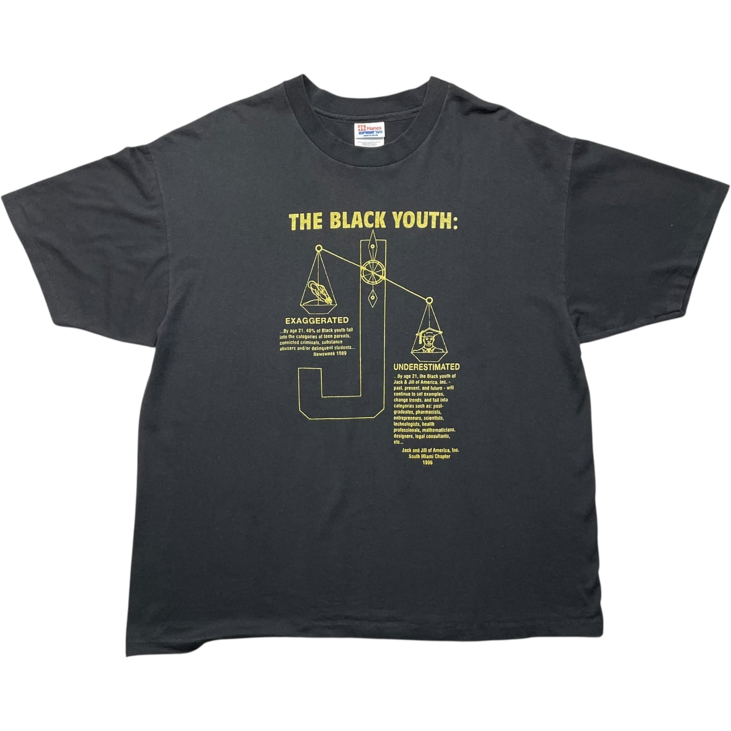 《XL》 Hanes ヘインズ Tシャツ メッセージプリント 黒人の若者 ブラック 90年代 vintage no.8589