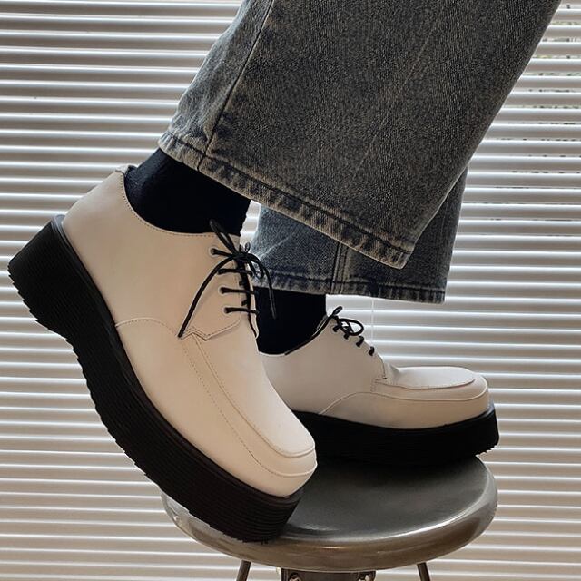 【予約販売】レザーシューズ 革靴 メンズ ローファー レースアップ 厚底 ゴツ底 靴 ジップ デザイン モード ホワイト ブラック 黒 お洒落 カジュアル シック パーティー 結婚式 24cm/24.5cm/25cm/25.5cm/26cm/26.5cm