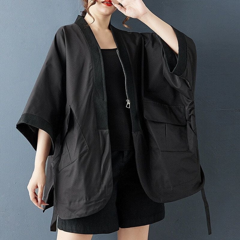 BLACK 3/4 SLEEVES V-NECK SHORT ZIP WIDE DESIGN JACKET 1color M-14920