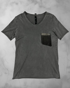 wjk Faded Charcoal Gray V-Neck Pocket T-Shirt with Raw Edge Details