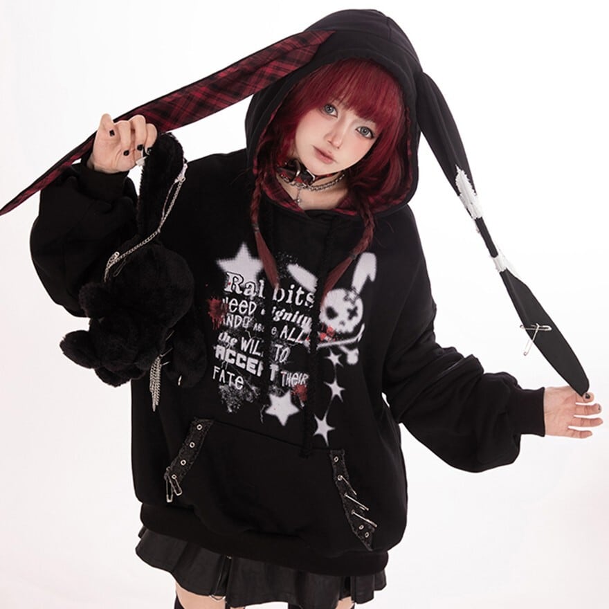 サブカル系 パンク ウサギ耳 プリント フード付き スウェット 地雷系 ストリートファッション