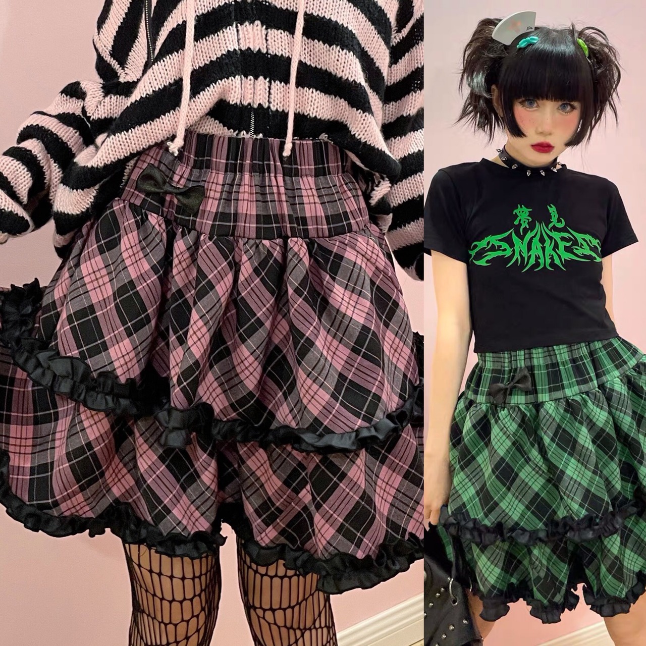 スカート ピンク チェック 緑 ロリータ 原宿 渋谷スカート ボトムス 