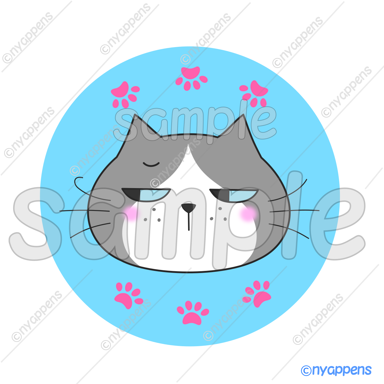 【商用利用OK】ヒゲまる猫イラスト(グレー×白)シールやアイコン、素材に!