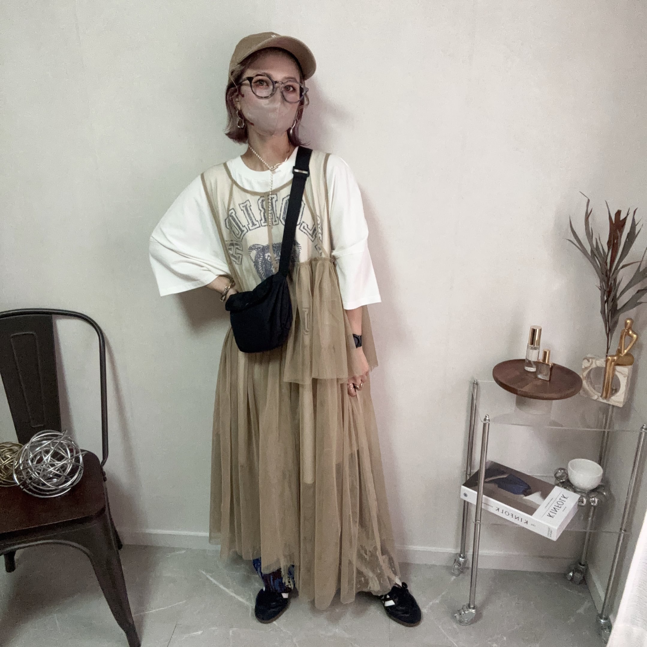 tulle layered asymmetry OP【Beige】