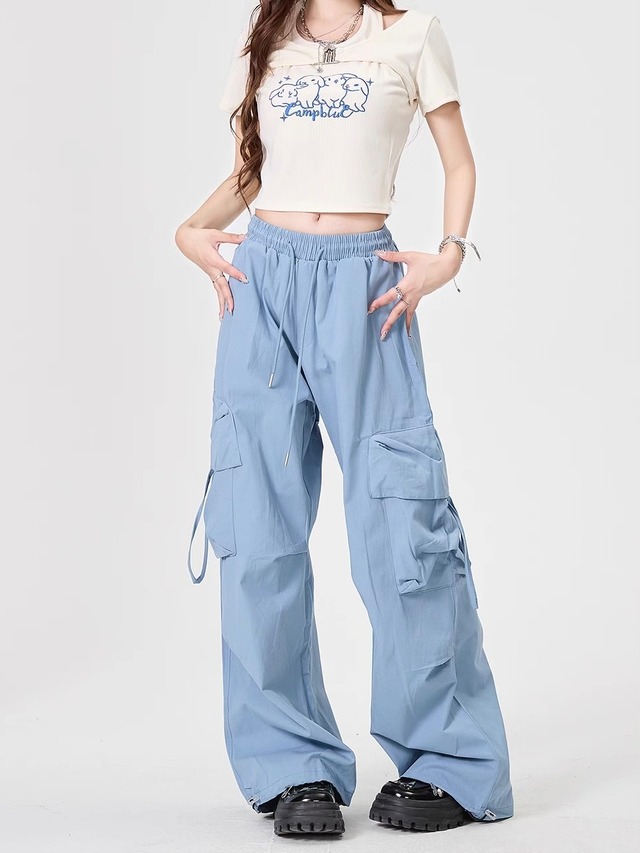 アメリカンブルーワイドレッグカジュアルパンツ.2304