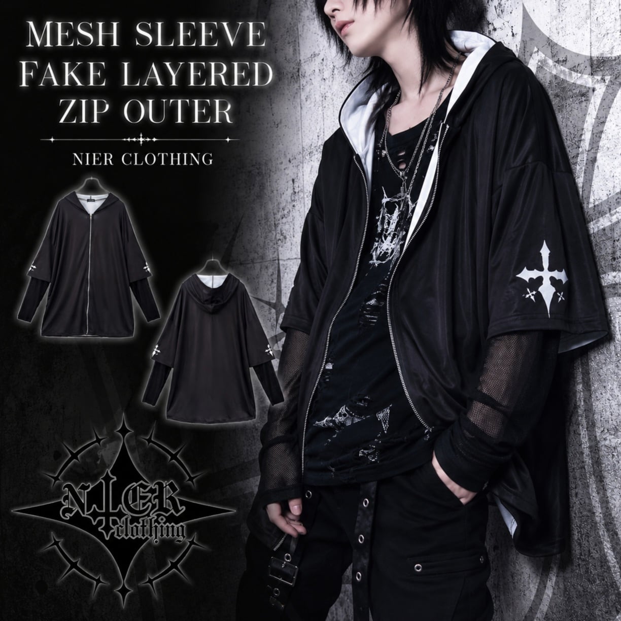 MESH SLEEVE FAKE LAYERED ZIP OUTER【CROSS】 | NIER CLOTHING