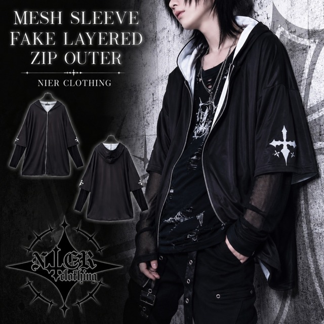 《1st DAY.MEGA PRESENT》MESH SLEEVE FAKE LAYERED ZIP OUTER【CROSS】