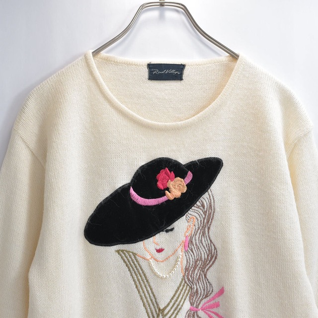 90s～ Rearl Village おめかしお嬢さん 刺繍 デザイン ニット プルオーバー セーター ヴィンテージ ビンテージ 古着 レディースXS～Sサイズ相当