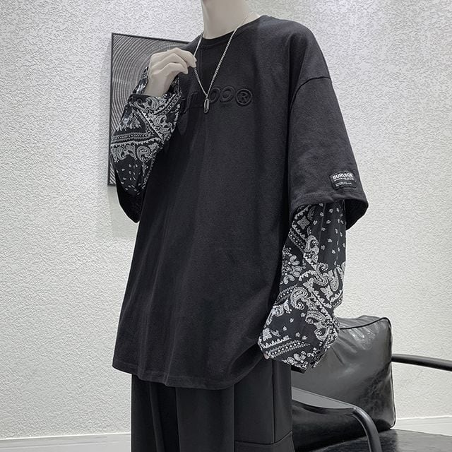 【予約販売】ロンT シャツ 長袖 メンズ 落ち肩 シンプル 袖柄 ペイズリー レイヤード 重ね着風 ゆったり オーバーサイズ グレー ホワイト ブラック ブルー カジュアル シンプル こなれ感 お洒落 韓国 トレンド 春 夏 秋 M/L/XL/2XL