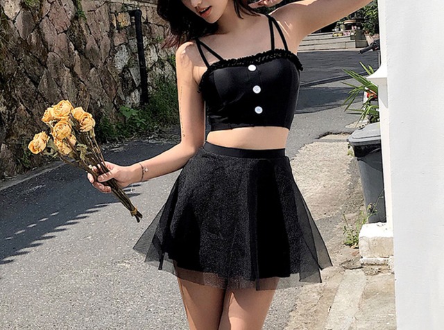 ブラック キャミ 水着 夏 セット  シンプル ボタン  スカート  シンプル 体型隠し ビキニ かわいい韓国ファッション 新作 533