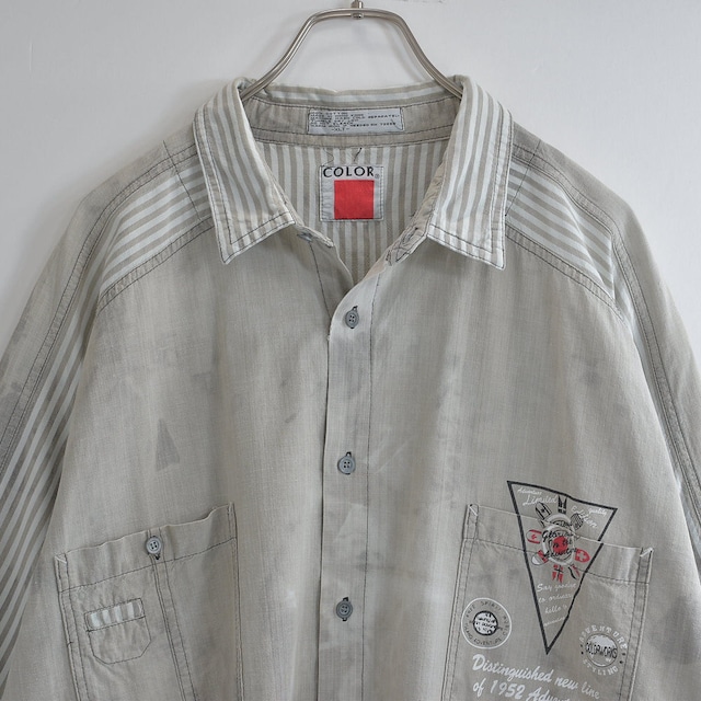 雰囲気系 ちょい襤褸 80～90s COLOR WORKS ブリーチ加工 切替デザイン ワークシャツ ヴィンテージ 半袖 雰囲気系 USA アメリカ古着 メンズXXL相当