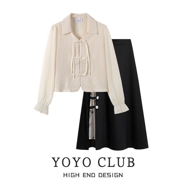【YOYO CLUBシリーズ】★チャイナ風トップス★ 2color チャイナ風シャツ チャイナボタン アプリコット ホワイト