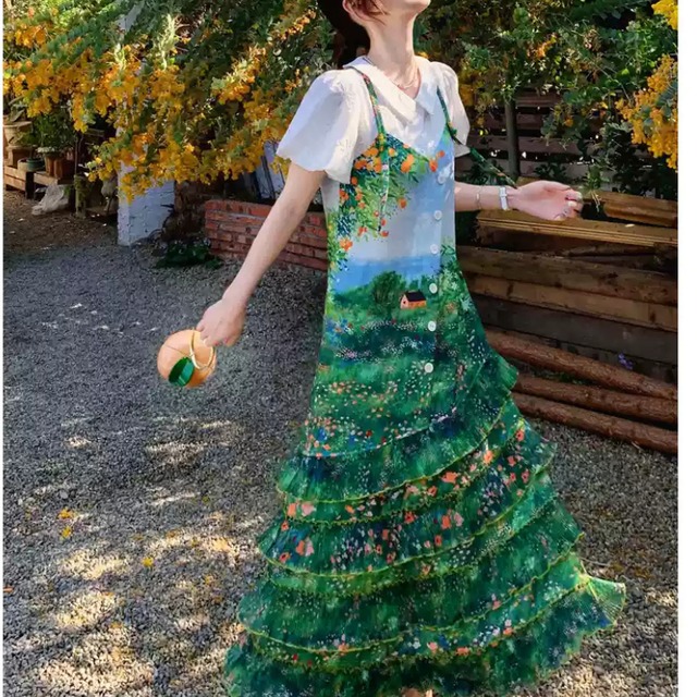 dreaming green and flower garden oil painting print dress 0140