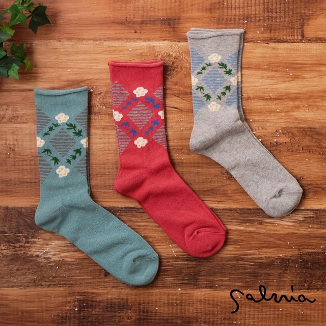 サルビア salvia ふんわりくつした レトロ チングルマ 靴下 レディース おしゃれ 綿 日本製 ソックス 薄手 オールシーズン 花柄 グレー ピンク ベージュ 22-25cm  Sv023