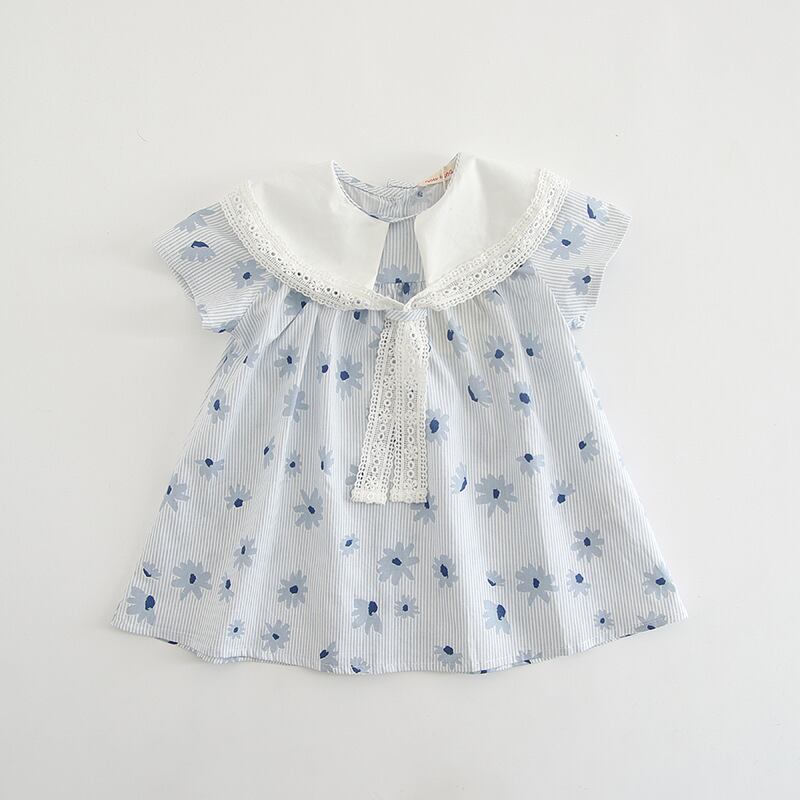 小花の白襟半袖ワンピース(ブルー) | 海外ベビー&子供服 ラ・ボレロ エル