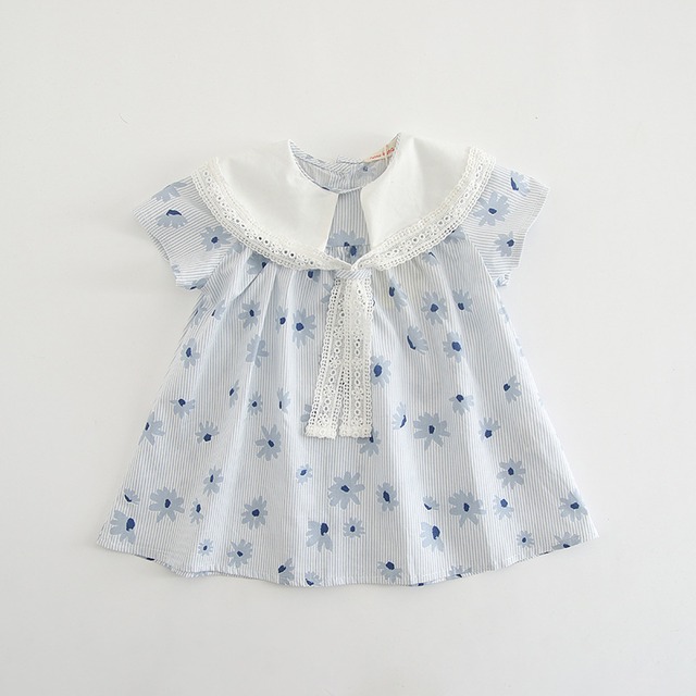 小花の白襟半袖ワンピース（ブルー）