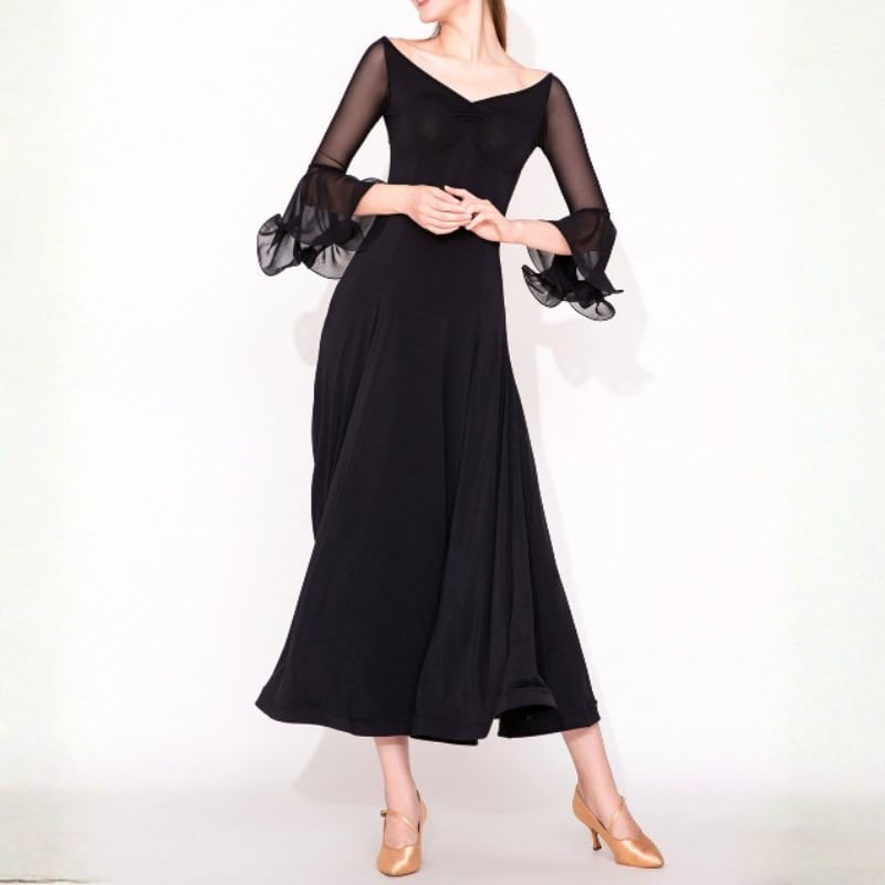 シアーメッシュスリーブ ベルフレア ロング ダンスドレス 2col D00626