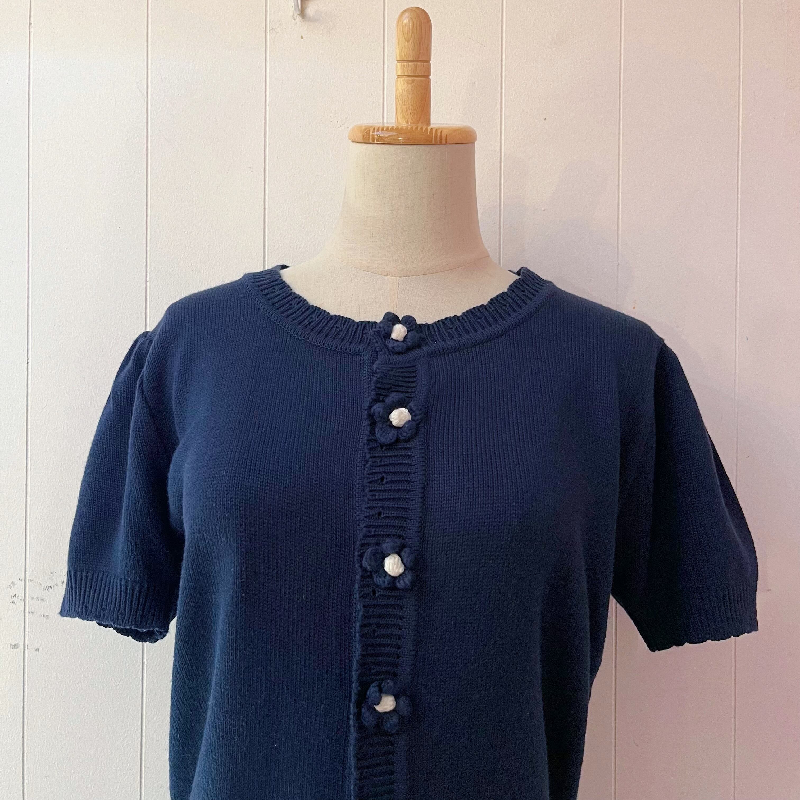 flower button navy knit cardigan