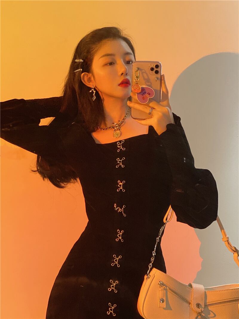 ドレス スタンダードベルベット長袖スリーブショートスカート スプリングウェスト ロング レトロ 春物 ブラックストロベリース11527013826