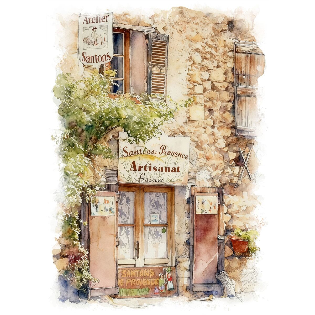 絵画 風景画(街並み) フランス プロヴァンス ガスにある古い店 インテリアアート額付き 水彩画・油絵風 WAT1054