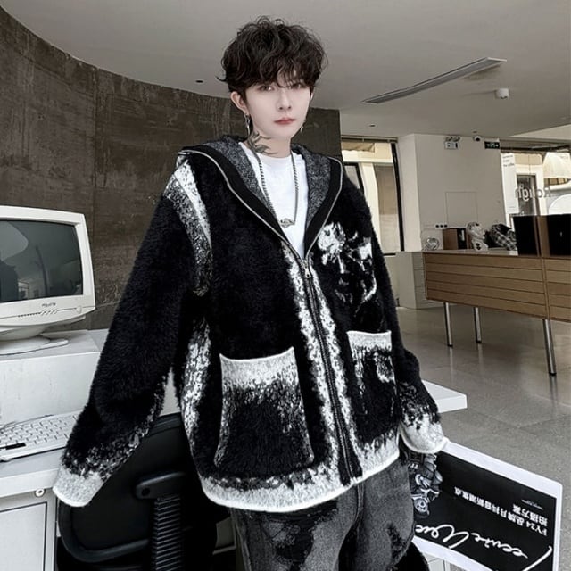 予約販売】カーディガン ニット シック モノトーン フード ジップ