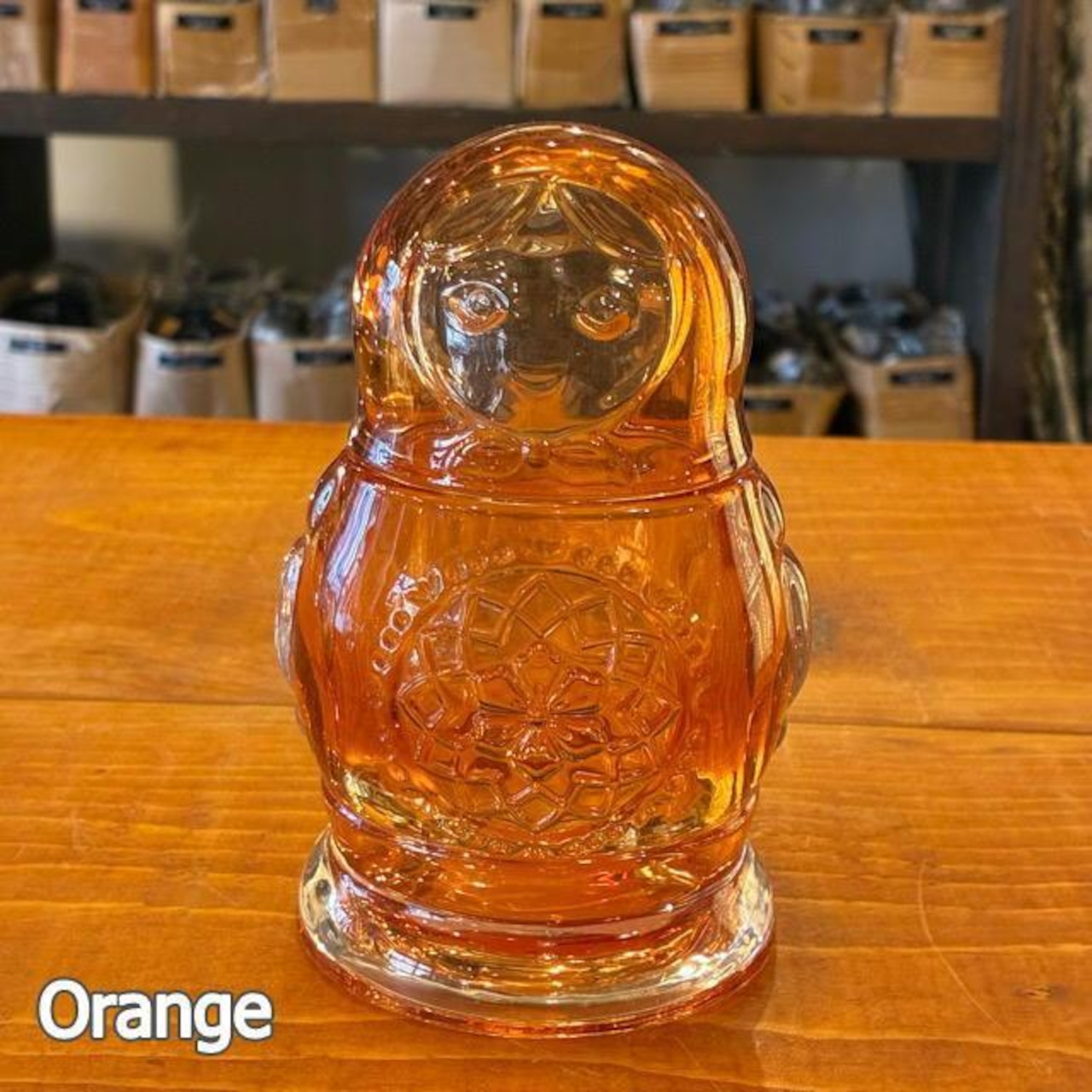 Matryoshka Jar 4 colors available: Red, Smoke, Orange, and Blue. Canister, candy container, glass jar.