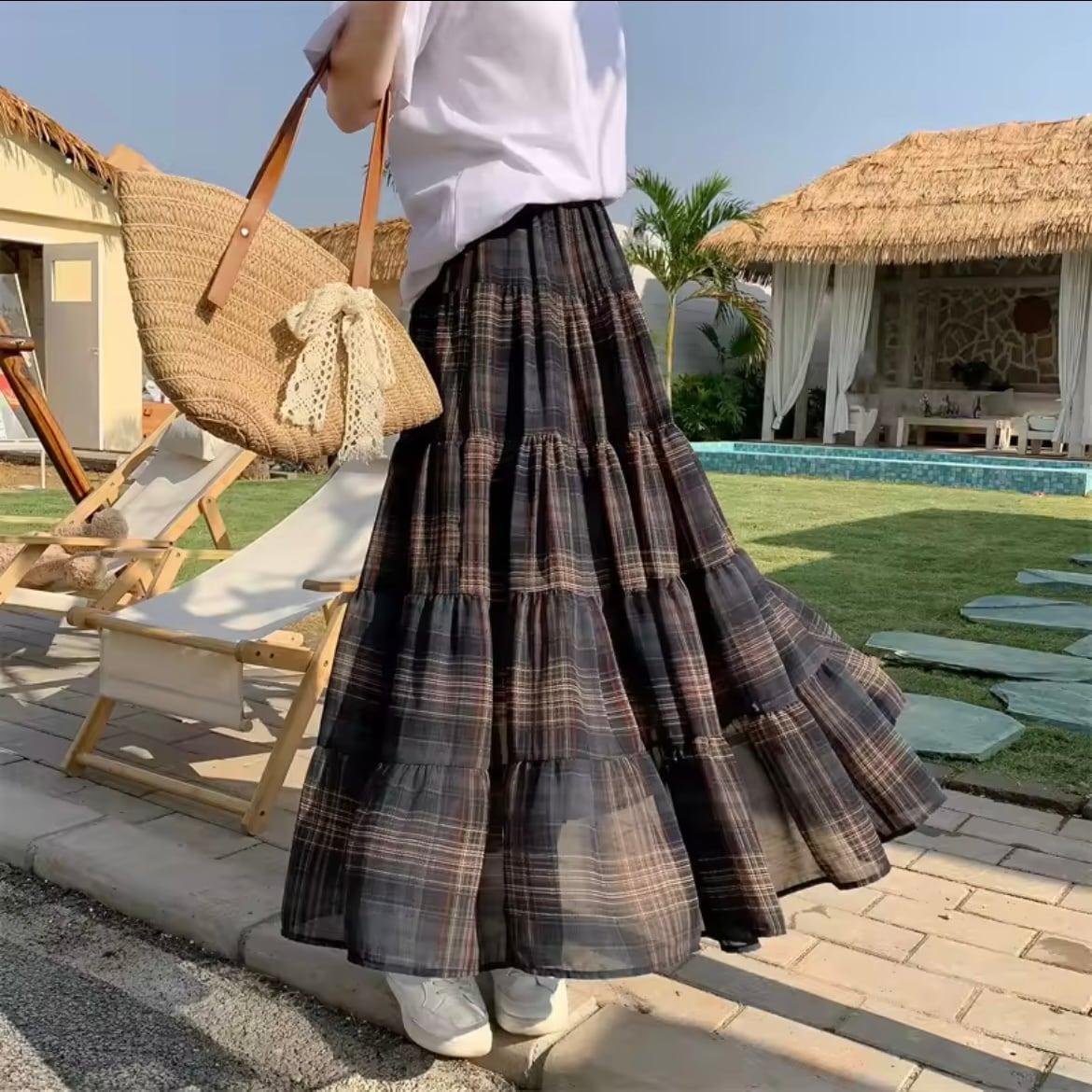 brown check chiffon skirt