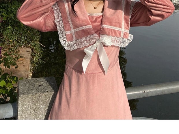 デカ襟 ピンク ベロア ワンピース リボン フリル ドレス セーラー