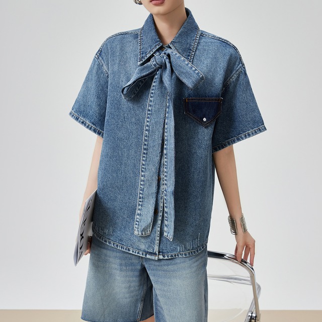 Denim bowtie blouse S1493