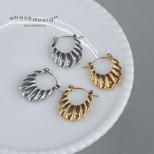 【ネコポス便】 金属アレルギー対応   ピアス ステンレス ピアス フープピアス ワンタッチ スナップフープ リブ シェル クロワッサン 2634
