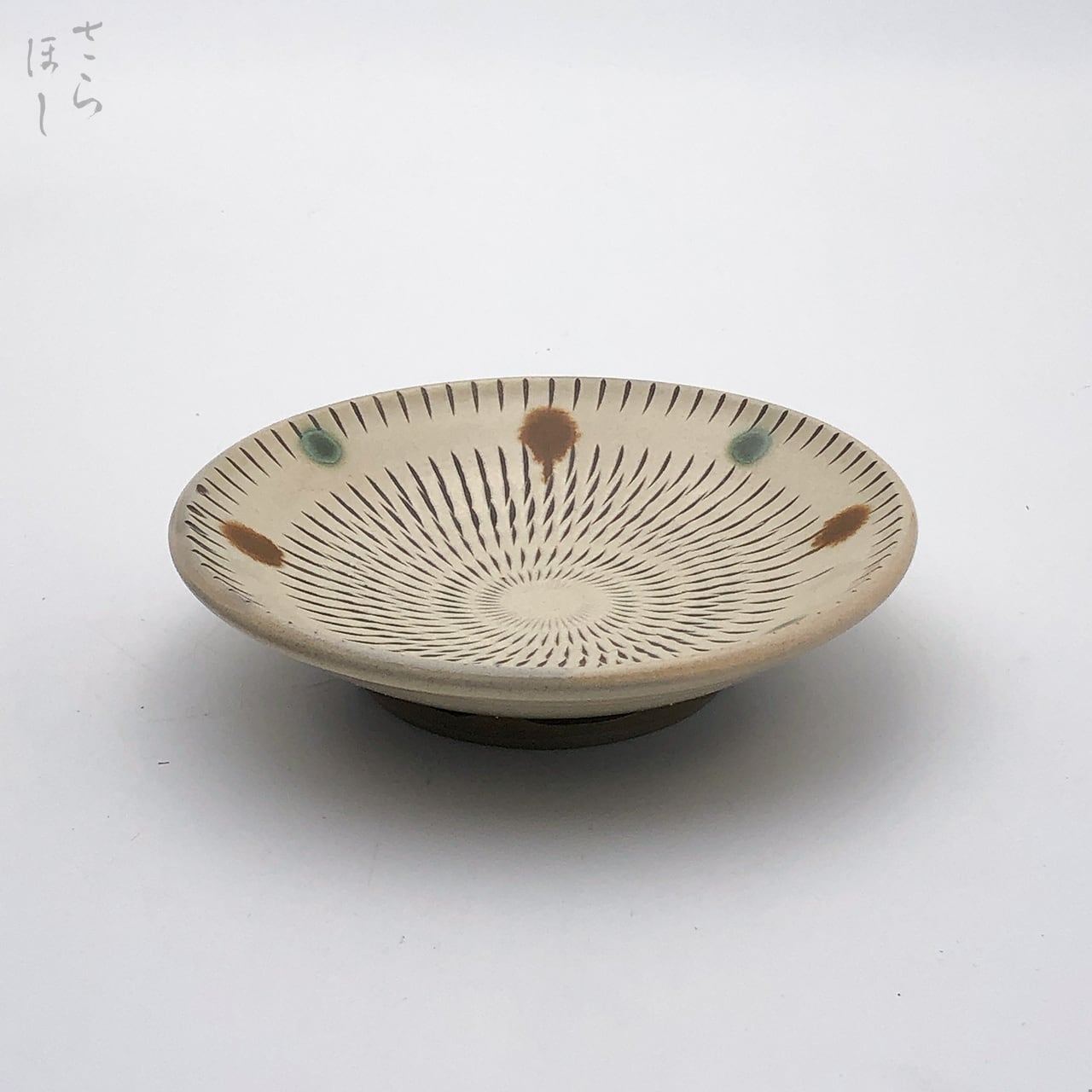 小鹿田焼 小袋窯 4.5寸皿 飛びかんな 赤青ドット 直径約13cm 小皿 陶器