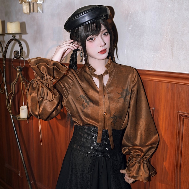 【古怪舍---曼陀羅シリーズ】★チャイナ風トップス★ シャツ 長袖 レディース 長袖 Vネック バルーンスリーブ