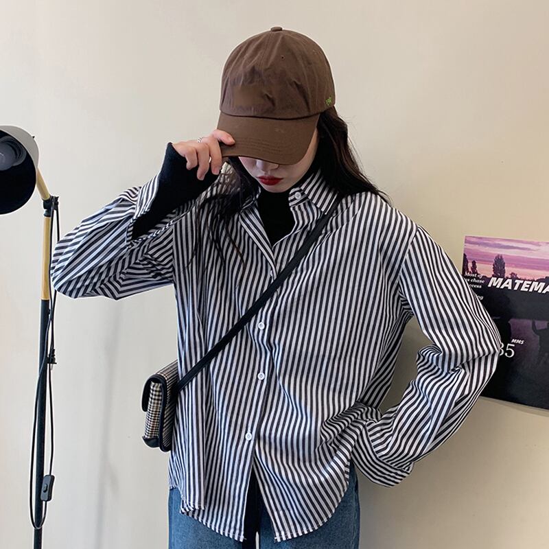 スプリングスタイルルーズスタンダードブラウス ストライプシャツ レディースシャツ ロング レトロ 春物 試着室88545089960